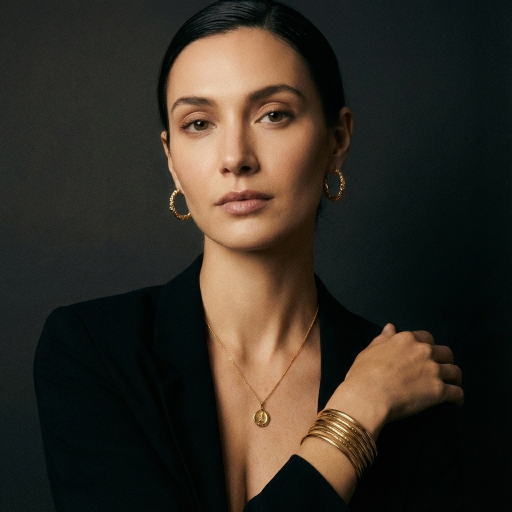 Woman wearing elegant gold jewelry